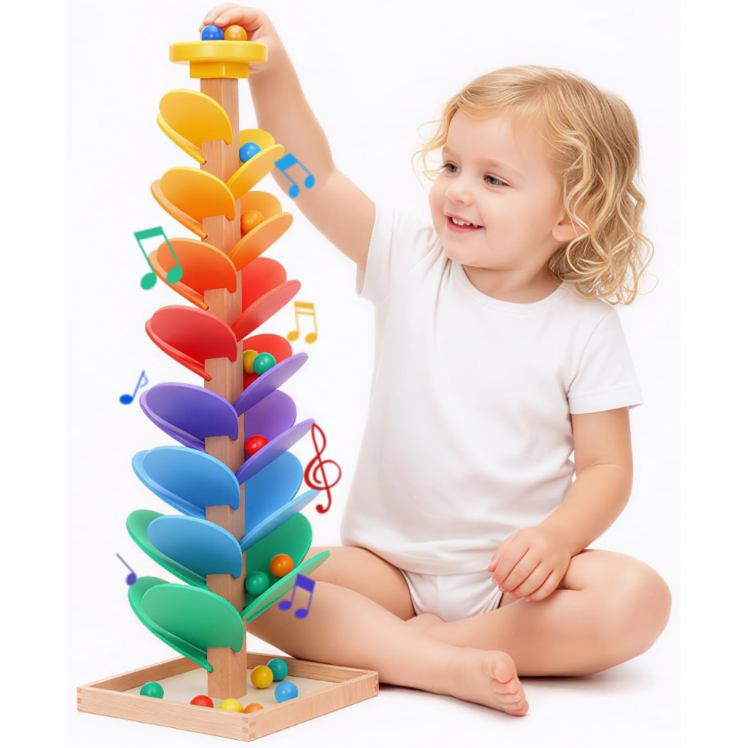 Holz Regenbogen Murmel Turm – Montessori Motorikspielzeug für Kinder ab 1 Jahr