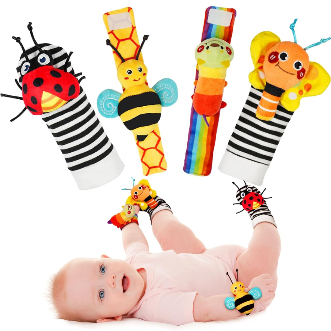 Bunte Plüschsocken mit Rasseln – Montessori Spielzeug für Babys