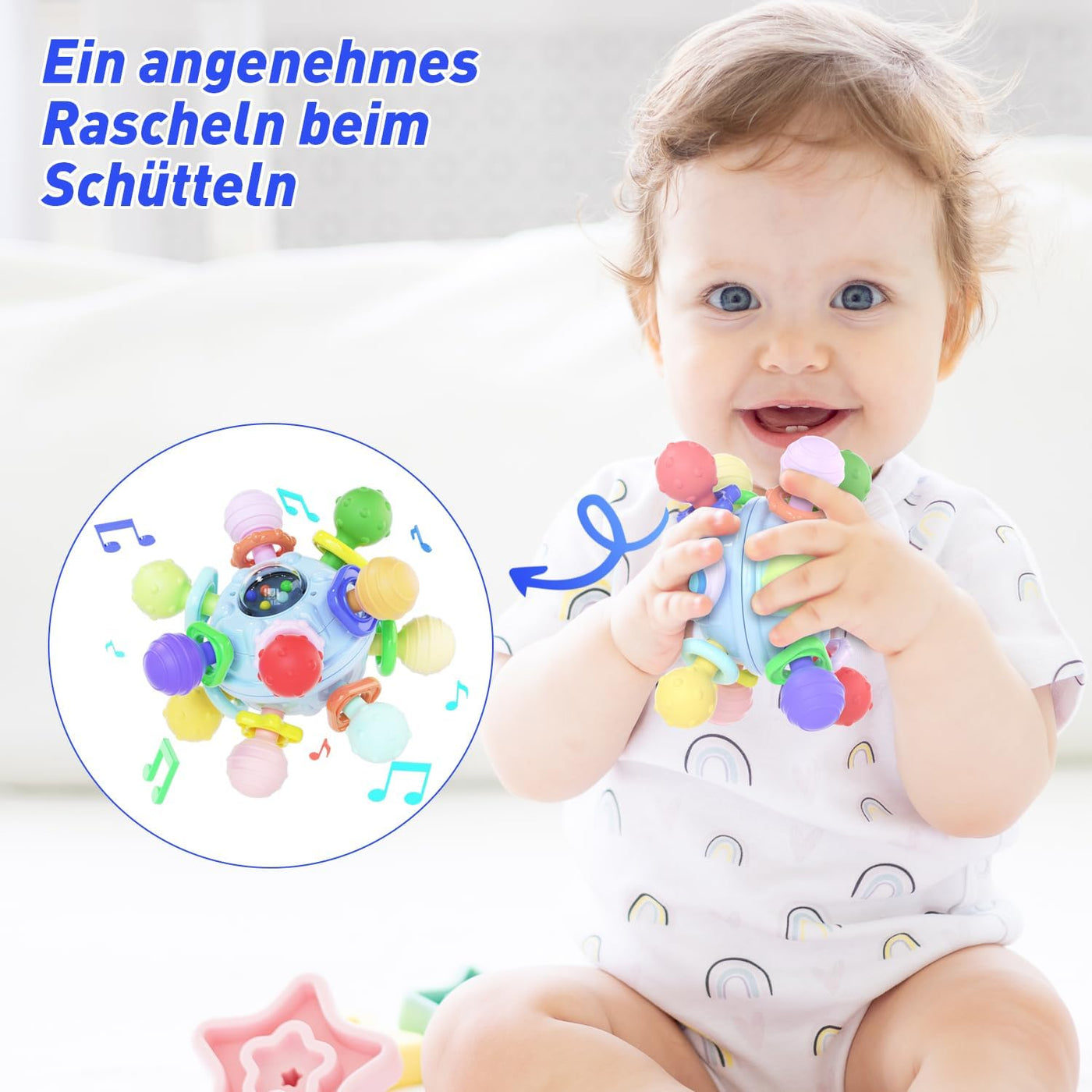Sensorische Rassel und Beißring – Montessori Spielzeug für Babys 0-12 Monate