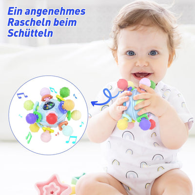 Sensorische Rassel und Beißring – Montessori Spielzeug für Babys 0-12 Monate