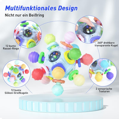 Sensorische Rassel und Beißring – Montessori Spielzeug für Babys 0-12 Monate