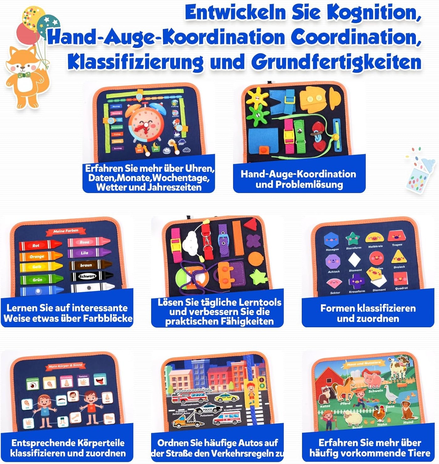 Montessori Busy Board Quiet Book für Kleinkinder ab 1 Jahr – 9-in-1 Beschäftigungsbuch mit interaktiven Spielseiten und Lernspielzeug 3