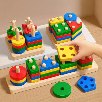 Montessori Holzblock Spielzeug für Kinder – Geometrische Formen und Farben Sortierpuzzle 0