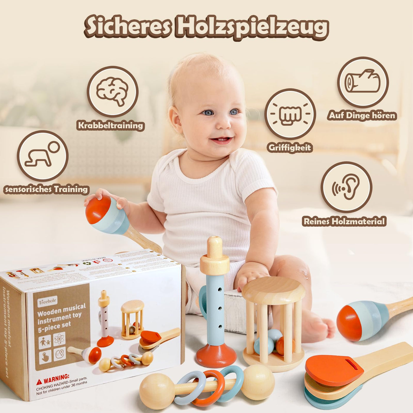 Montessori Musikinstrumente Set aus Holz – 5-teiliges Spielzeug für musikalische Früherziehung ab 8 Monaten 2