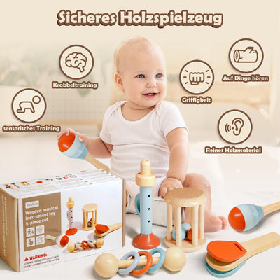 Montessori Musikinstrumente Set aus Holz – 5-teiliges Spielzeug für musikalische Früherziehung ab 8 Monaten 2