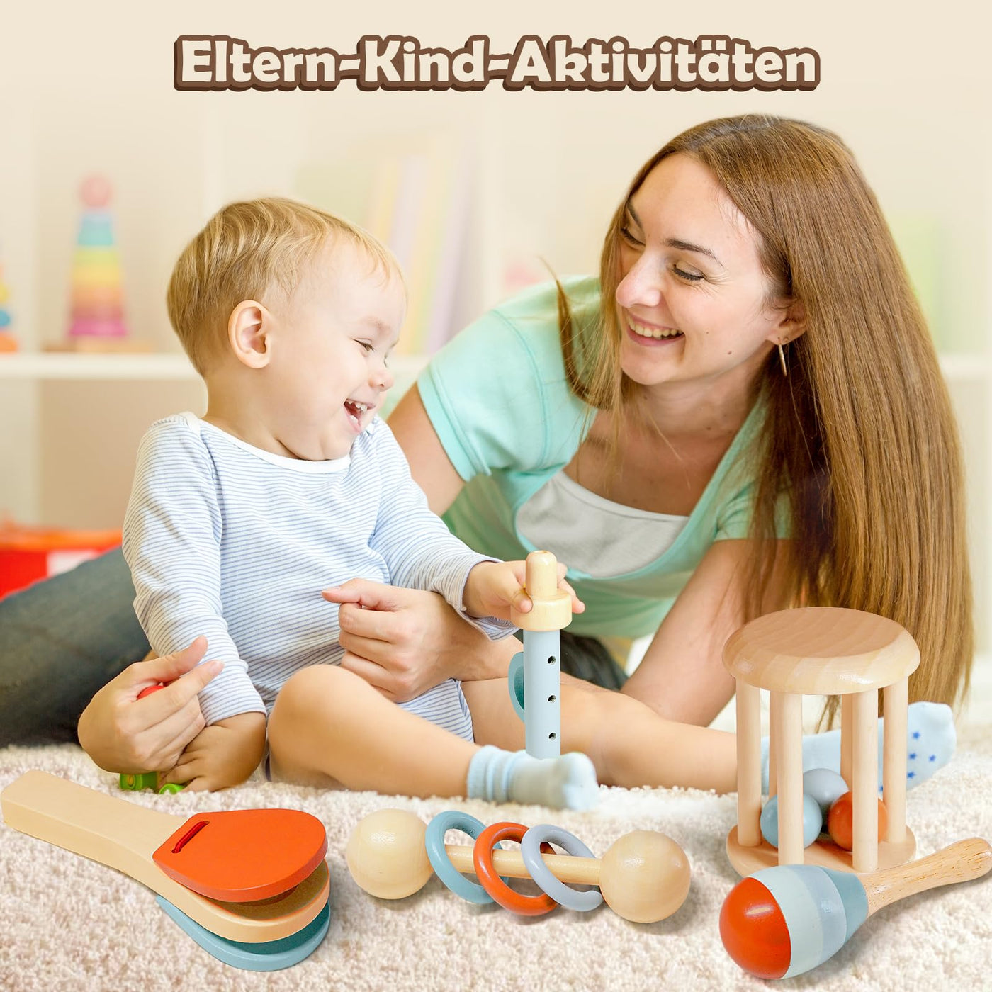 Montessori Musikinstrumente Set aus Holz – 5-teiliges Spielzeug für musikalische Früherziehung ab 8 Monaten 4