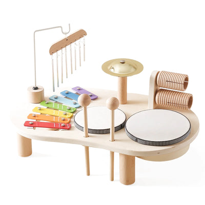 Montessori Musik-Aktivitätstisch aus Holz – Lernspielzeug für 3-Jährige mit Xylophon, Trommeln und Glocke 0